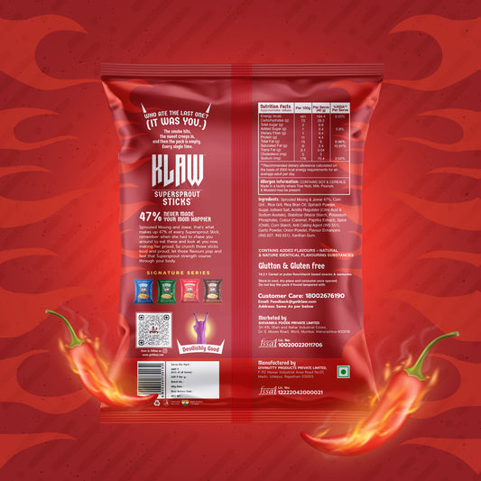 Klaw Signature Series Barbeque Supersprout Sticks | Baked Not Fried | High Protein | 47% Sprouted Moong & Jowar