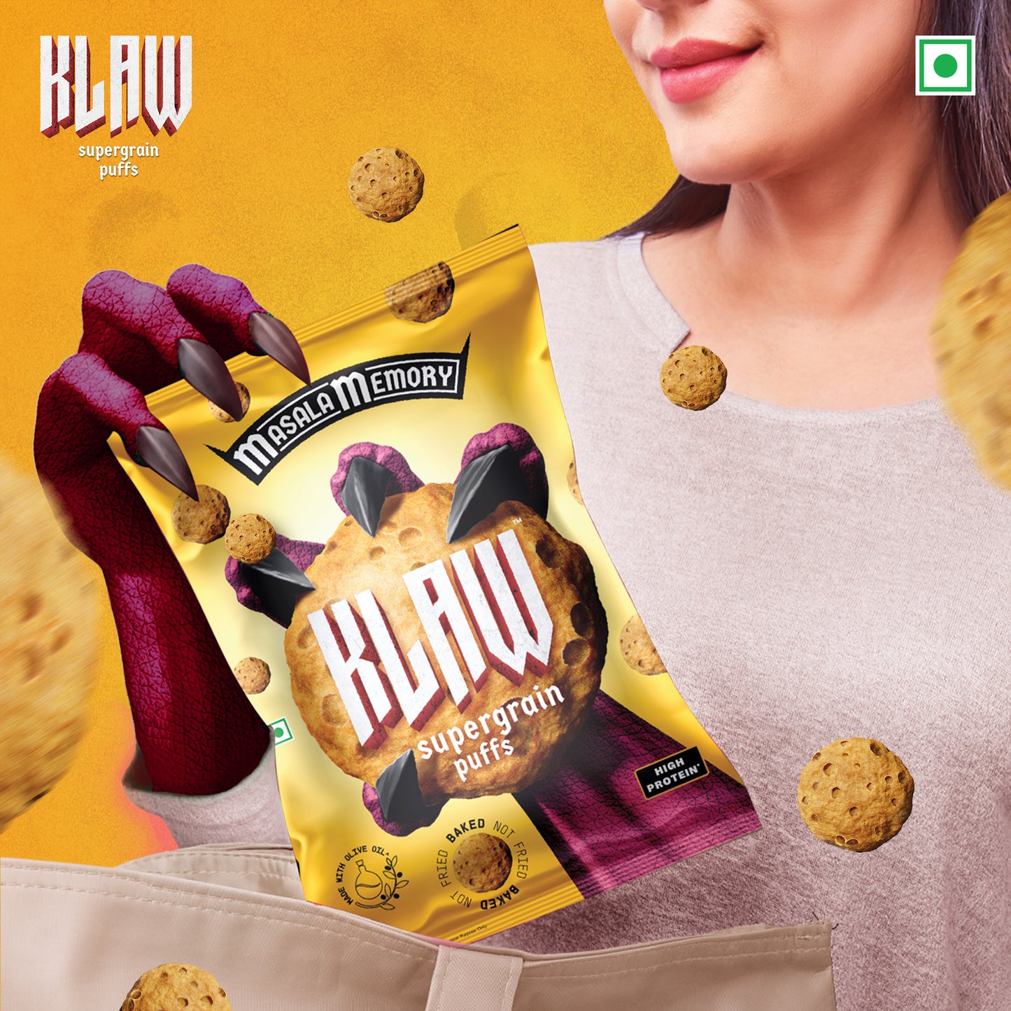 Klaw Masala Memory Supergrain Puffs | Baked Not Fried | High Protein | Made with Olive Oil I 32g