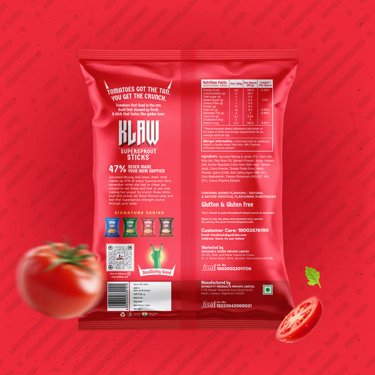 Klaw Signature Series Sun-Dried Tomato & Basil Supersprout Sticks | Baked Not Fried | High Protein | 47% Sprouted Moong & Jowar