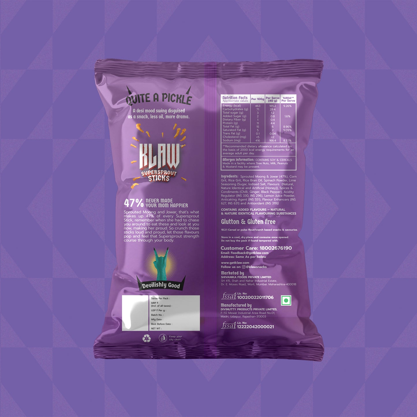 Klaw Achari Nimbu | Sprouted Moong & Jowar Sticks | Baked | No Palm Oil | High Protein | 40g