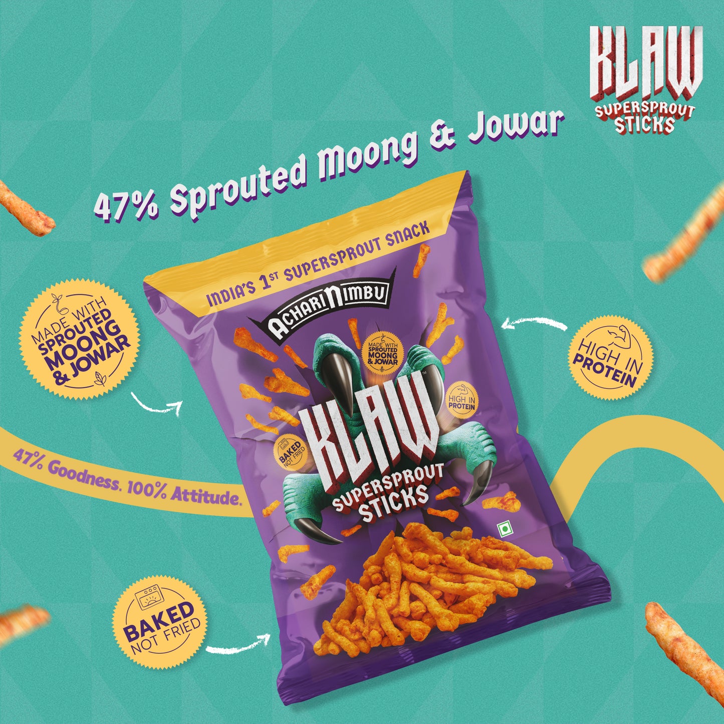 Klaw Achari Nimbu | Sprouted Moong & Jowar Sticks | Baked | No Palm Oil | High Protein | 40g