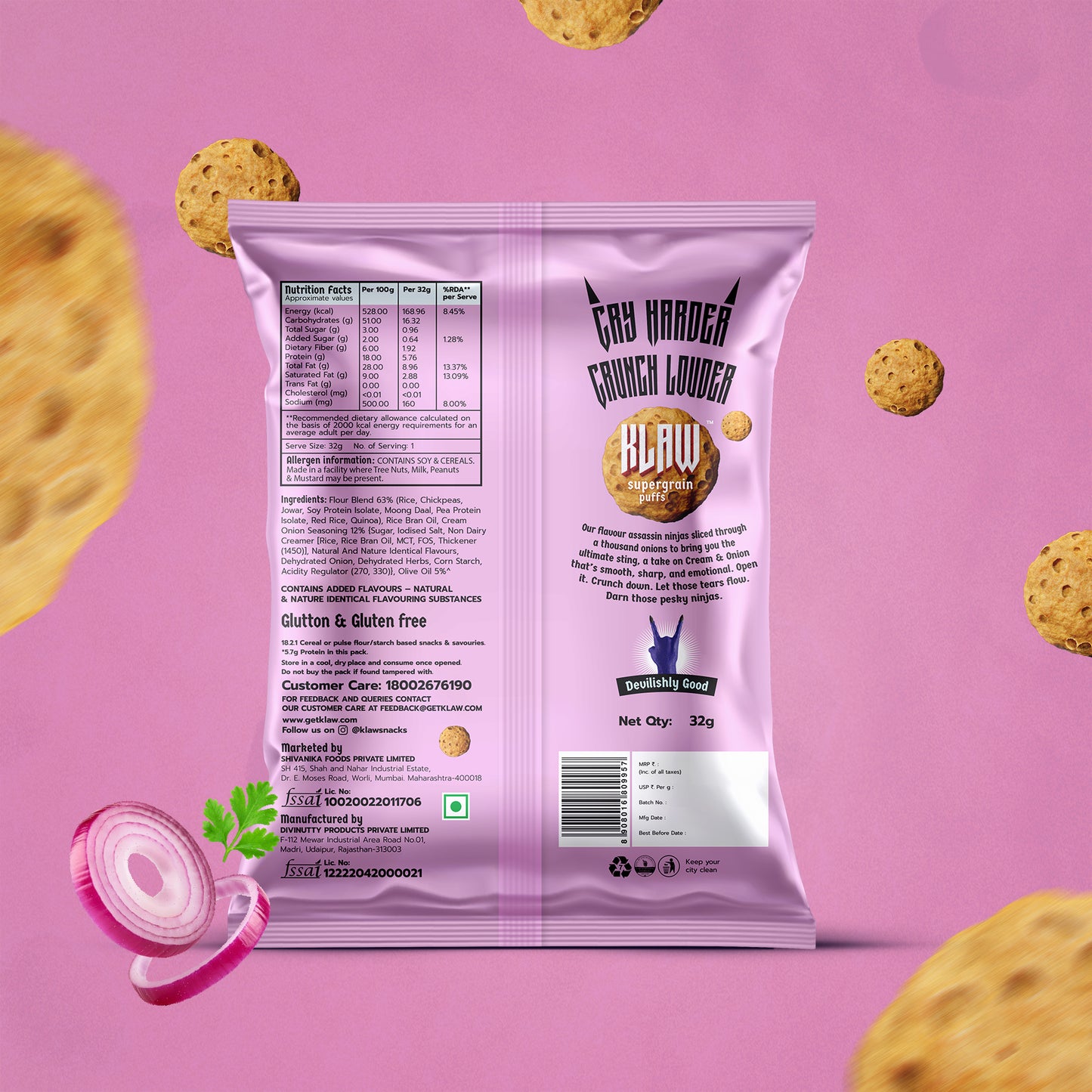 Klaw Scream & Onion Supergrain Puffs | Baked Not Fried | High Protein | Made with Olive Oil I 32g