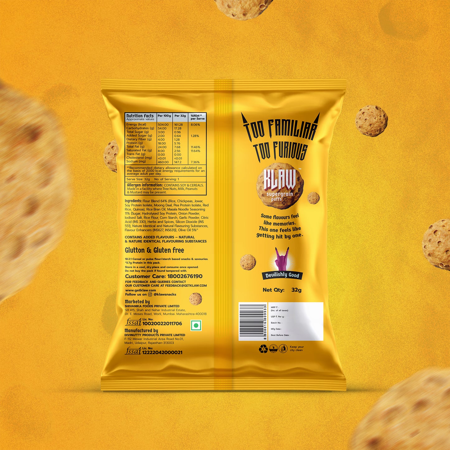 Klaw Masala Memory Supergrain Puffs | Baked Not Fried | High Protein | Made with Olive Oil I 32g