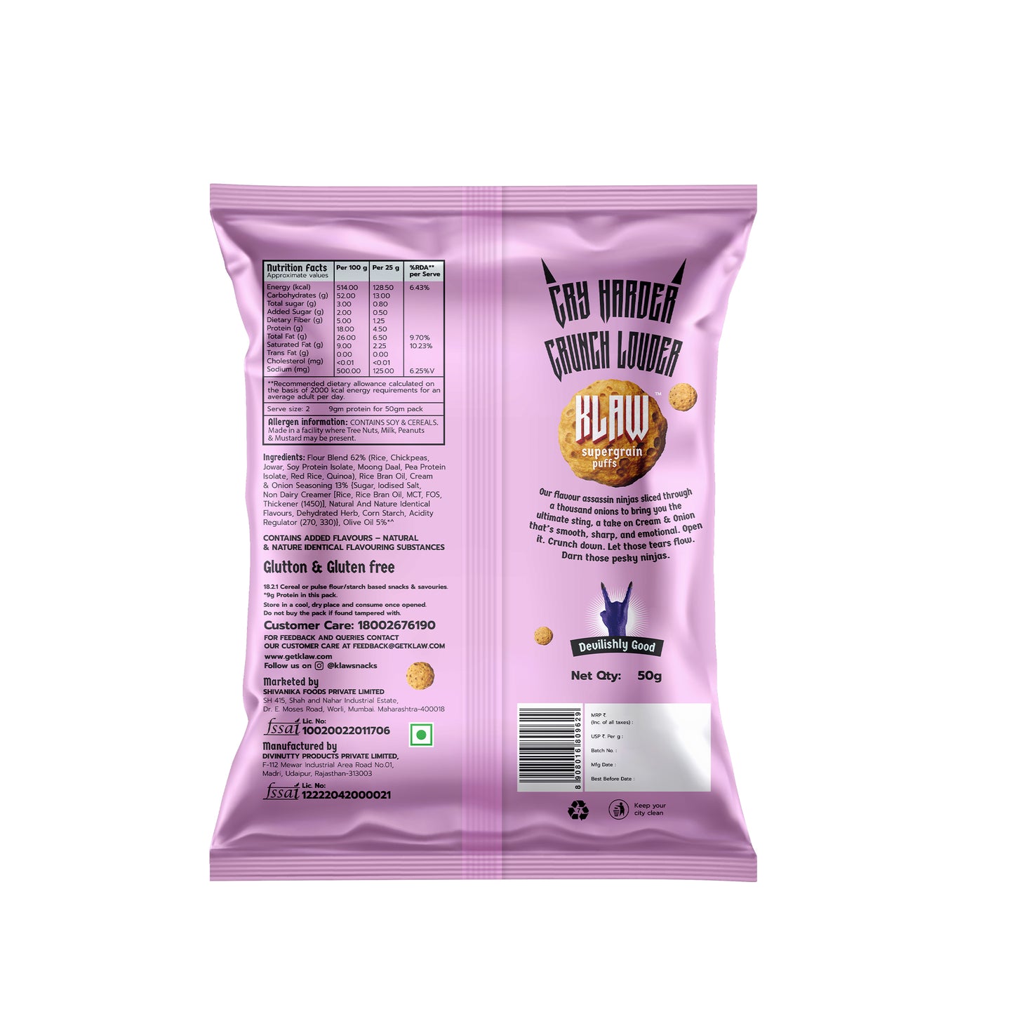 Klaw Scream & Onion Supergrain Puffs | Baked Not Fried | High Protein | Made with Olive Oil I 50g