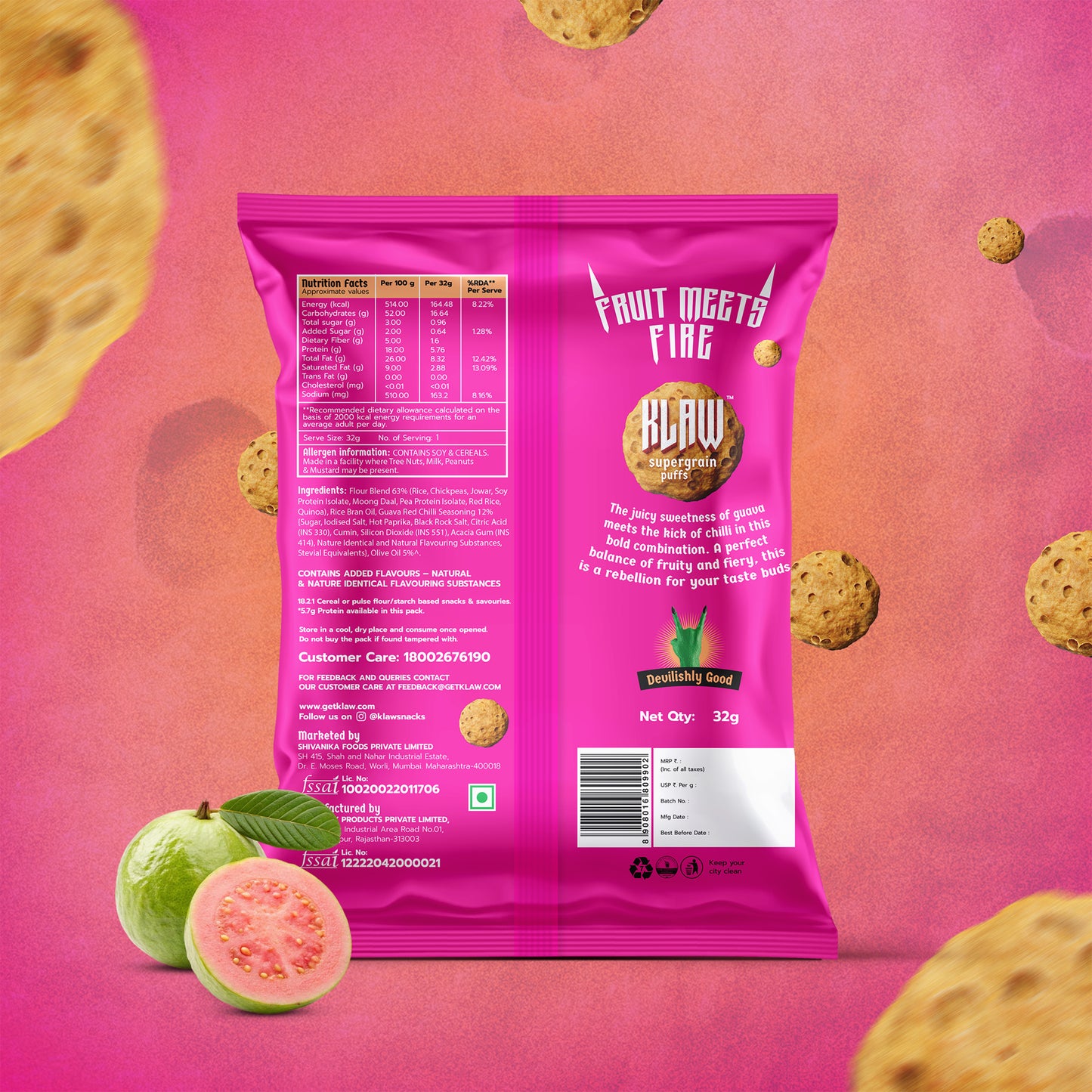 Klaw Spicy Guava Supergrain Puffs | Baked Not Fried | High Protein | Made with Olive Oil I 32g