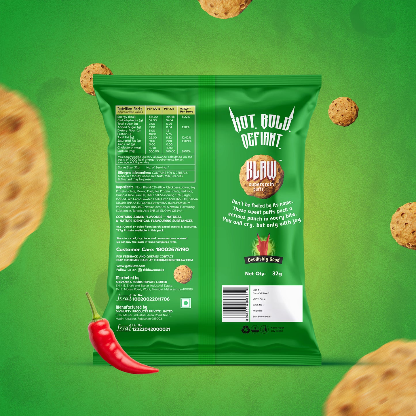 Klaw Sweet Chilli Supergrain Puffs | Baked Not Fried | High Protein | Made with Olive Oil | 32 Grams