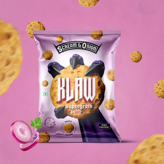 Klaw Scream & Onion Supergrain Puffs | Baked Not Fried | High Protein | Made with Olive Oil I 32g