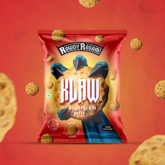 Klaw Rowdy Rasam Supergrain Puffs | Baked Not Fried | High Protein | Made with Olive Oil I 32g