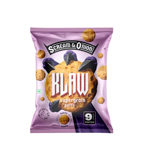 Klaw Scream & Onion Supergrain Puffs | Baked Not Fried | High Protein | Made with Olive Oil I 50g