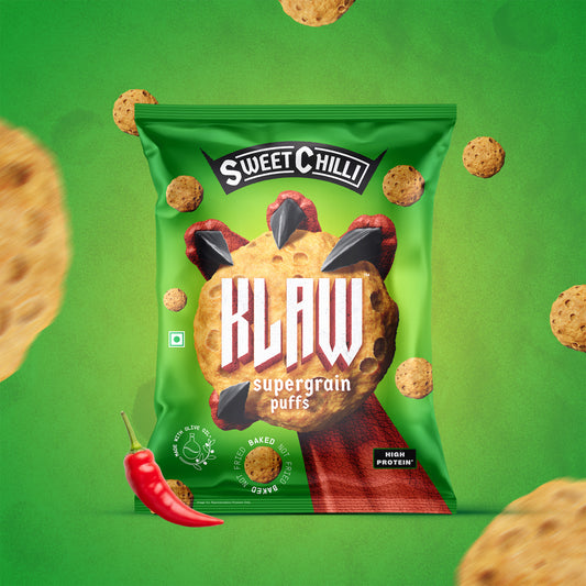 Klaw Sweet Chilli Supergrain Puffs | Baked Not Fried | High Protein | Made with Olive Oil | 32 Grams