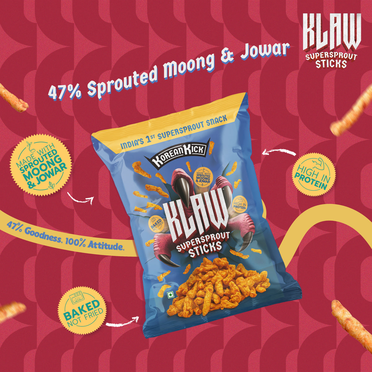 Klaw Korean Kick | Sprouted Moong & Jowar Sticks | Baked | No Palm Oil | High Protein | 35g
