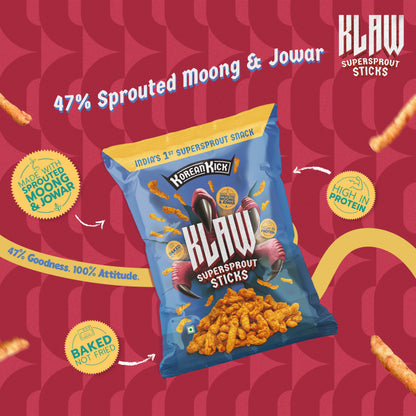 Klaw Korean Kick | Sprouted Moong & Jowar Sticks | Baked | No Palm Oil | High Protein | 35g
