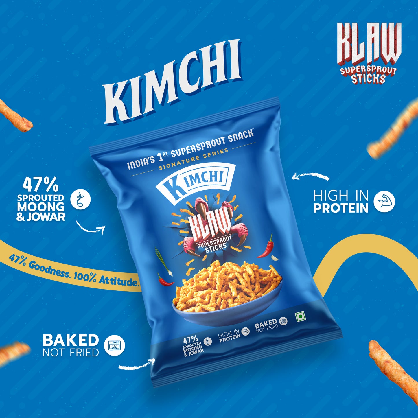 Klaw Kimchi Supersprout Sticks | Baked Not Fried | High Protein | 47% Sprouted Moong & Jowar