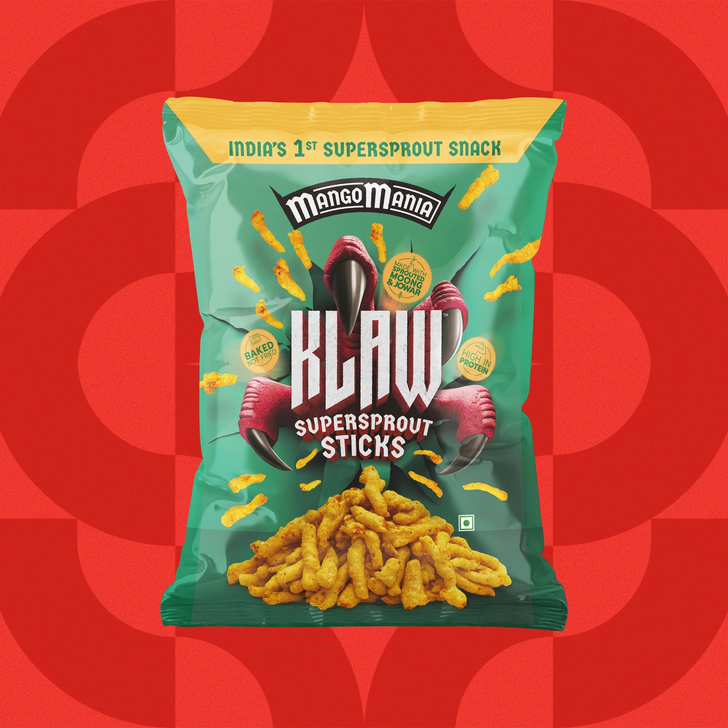 Klaw Mango Mania | Sprouted Moong & Jowar Sticks | Baked | No Palm Oil | High Protein I 40g
