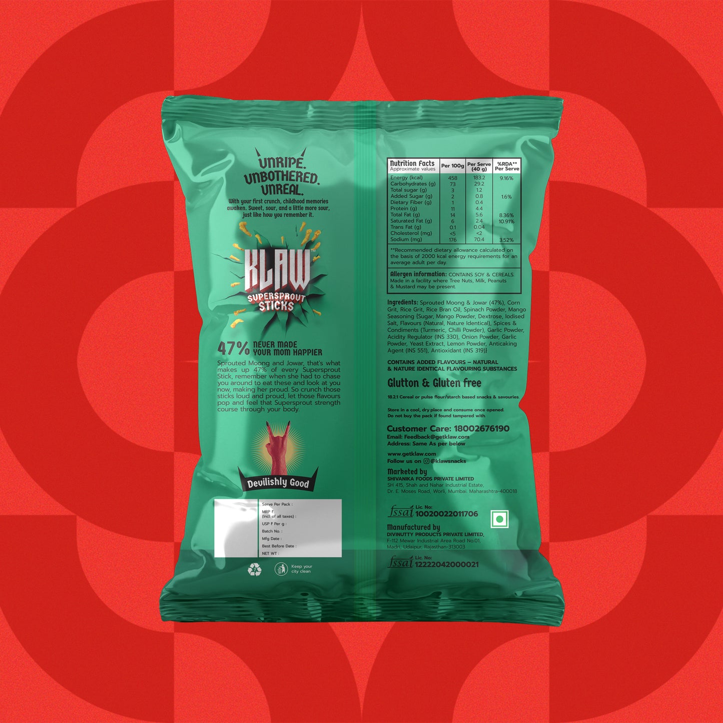 Klaw Mango Mania | Sprouted Moong & Jowar Sticks | Baked | No Palm Oil | High Protein I 40g