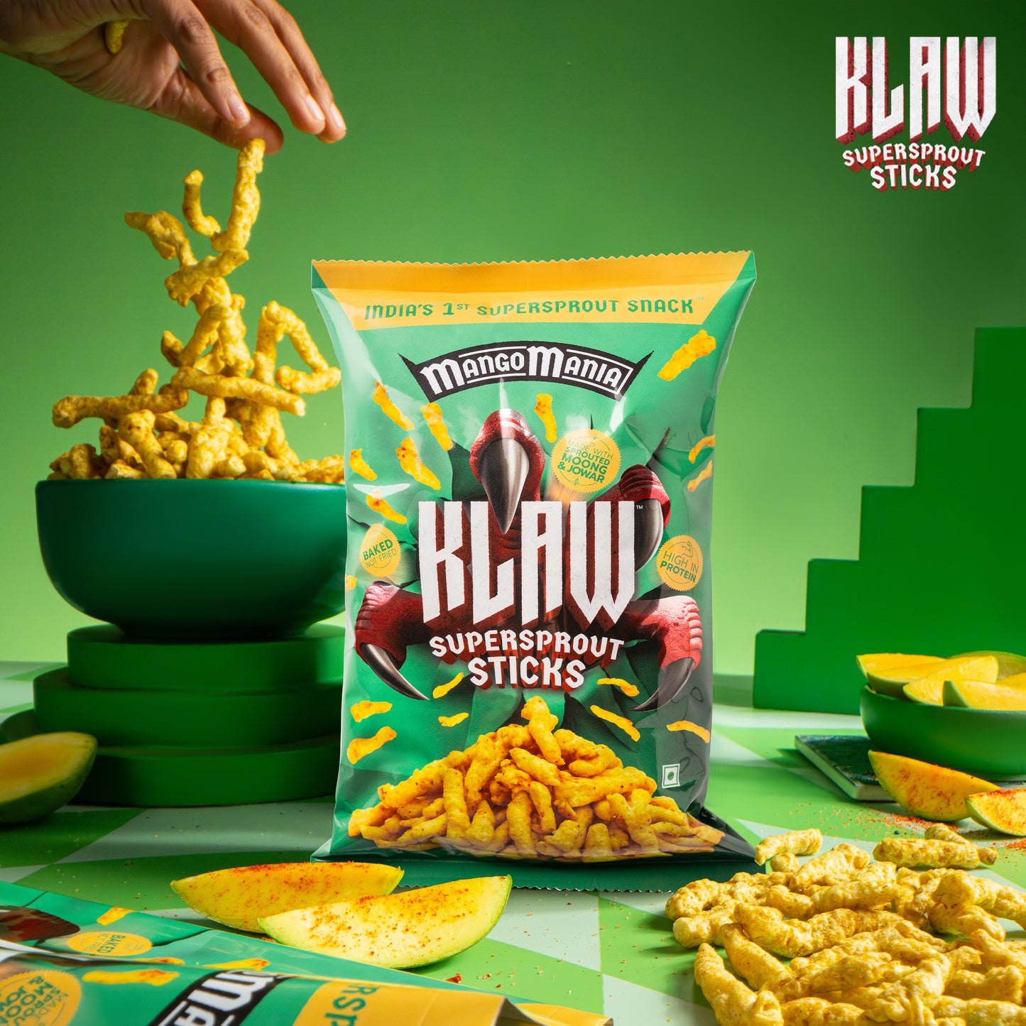Klaw Mango Mania | Sprouted Moong & Jowar Sticks | Baked | No Palm Oil | High Protein I 40g