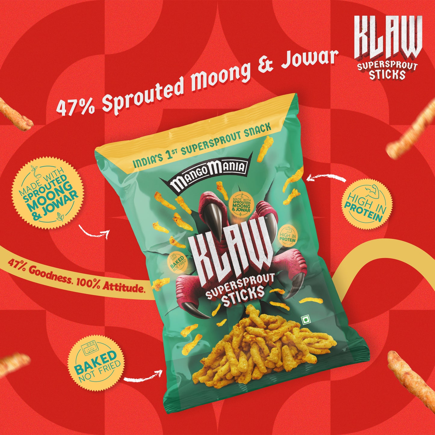 Klaw Mango Mania | Sprouted Moong & Jowar Sticks | Baked | No Palm Oil | High Protein I 40g