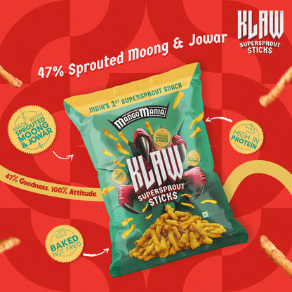 Klaw Mango Mania | Sprouted Moong & Jowar Sticks | Baked | No Palm Oil | High Protein I 40g