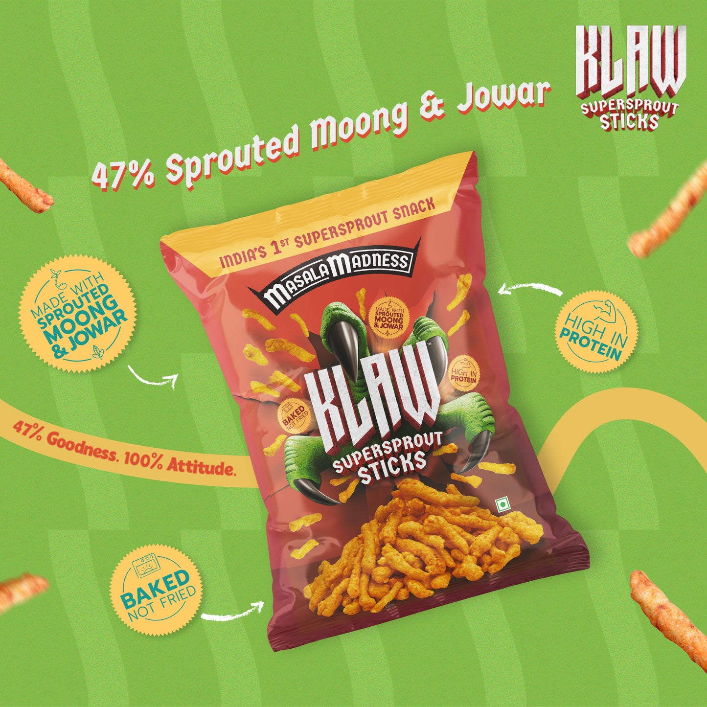 Klaw Masala Madness | Sprouted Moong & Jowar Sticks | Baked | No Palm Oil | High Protein | 40g