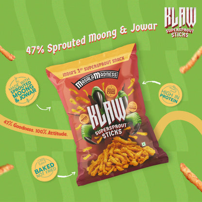 Klaw Masala Madness | Sprouted Moong & Jowar Sticks | Baked | No Palm Oil | High Protein | 40g