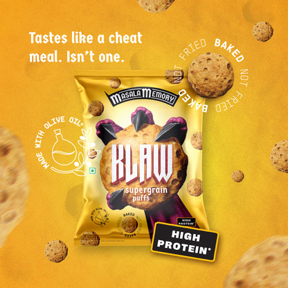 Klaw Masala Memory Supergrain Puffs | Baked Not Fried | High Protein | Made with Olive Oil I 32g