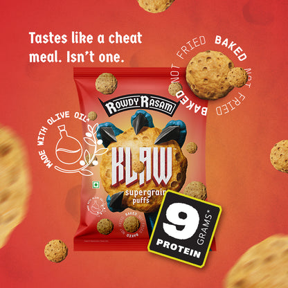 Klaw Rowdy Rasam Supergrain Puffs | Baked Not Fried | High Protein | Made with Olive Oil I 50g