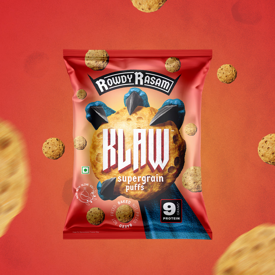 Klaw Rowdy Rasam Supergrain Puffs | Baked Not Fried | High Protein | Made with Olive Oil I 50g