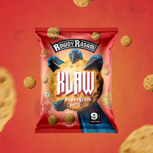 Klaw Rowdy Rasam Supergrain Puffs | Baked Not Fried | High Protein | Made with Olive Oil I 50g