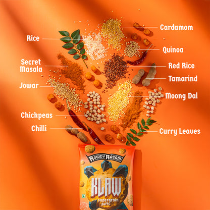 Klaw Rowdy Rasam Supergrain Puffs | Baked Not Fried | High Protein | Made with Olive Oil I 32g