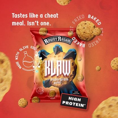 Klaw Rowdy Rasam Supergrain Puffs | Baked Not Fried | High Protein | Made with Olive Oil I 32g