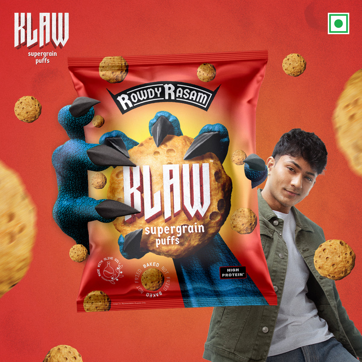 Klaw Rowdy Rasam Supergrain Puffs | Baked Not Fried | High Protein | Made with Olive Oil I 32g