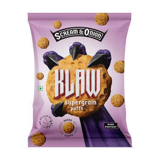 Klaw Scream & Onion Supergrain Puffs | Baked Not Fried | High Protein | Made with Olive Oil I 32g