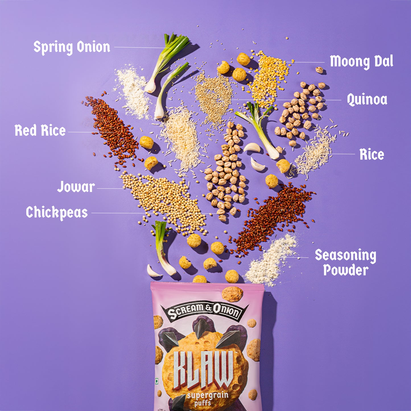 Klaw Scream & Onion Supergrain Puffs | Baked Not Fried | High Protein | Made with Olive Oil I 32g