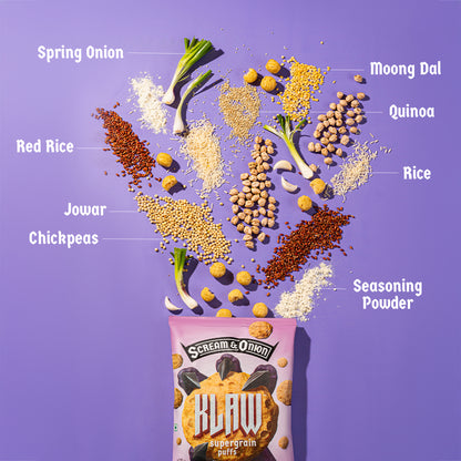 Klaw Scream & Onion Supergrain Puffs | Baked Not Fried | High Protein | Made with Olive Oil I 32g
