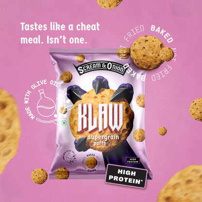 Klaw Scream & Onion Supergrain Puffs | Baked Not Fried | High Protein | Made with Olive Oil I 32g