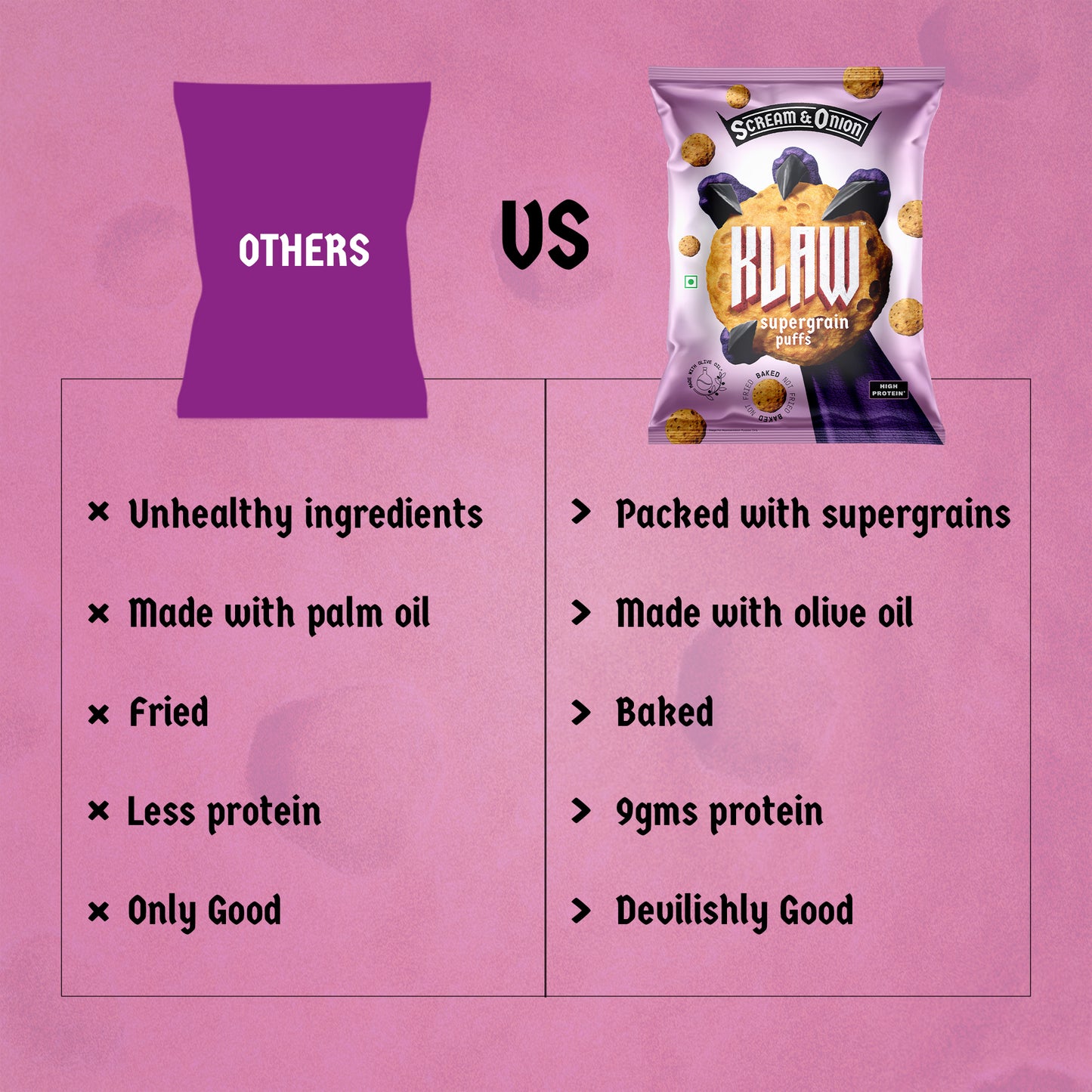Klaw Scream & Onion Supergrain Puffs | Baked Not Fried | High Protein | Made with Olive Oil I 32g