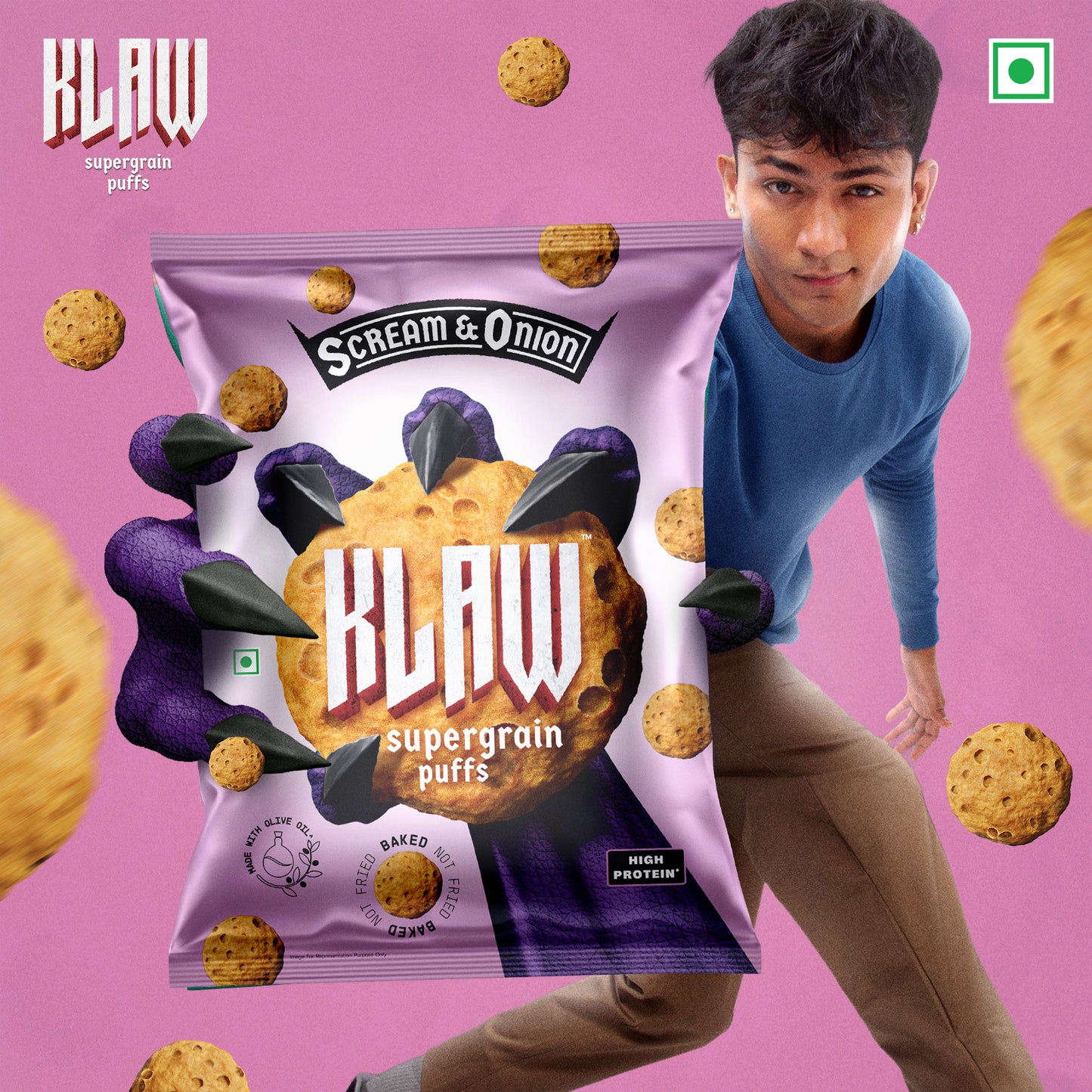 Klaw Scream & Onion Supergrain Puffs | Baked Not Fried | High Protein | Made with Olive Oil I 32g