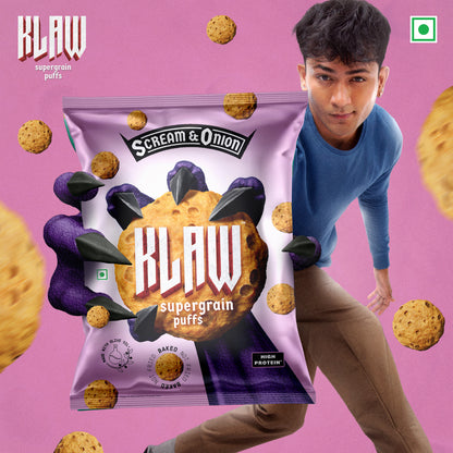 Klaw Scream & Onion Supergrain Puffs | Baked Not Fried | High Protein | Made with Olive Oil I 32g