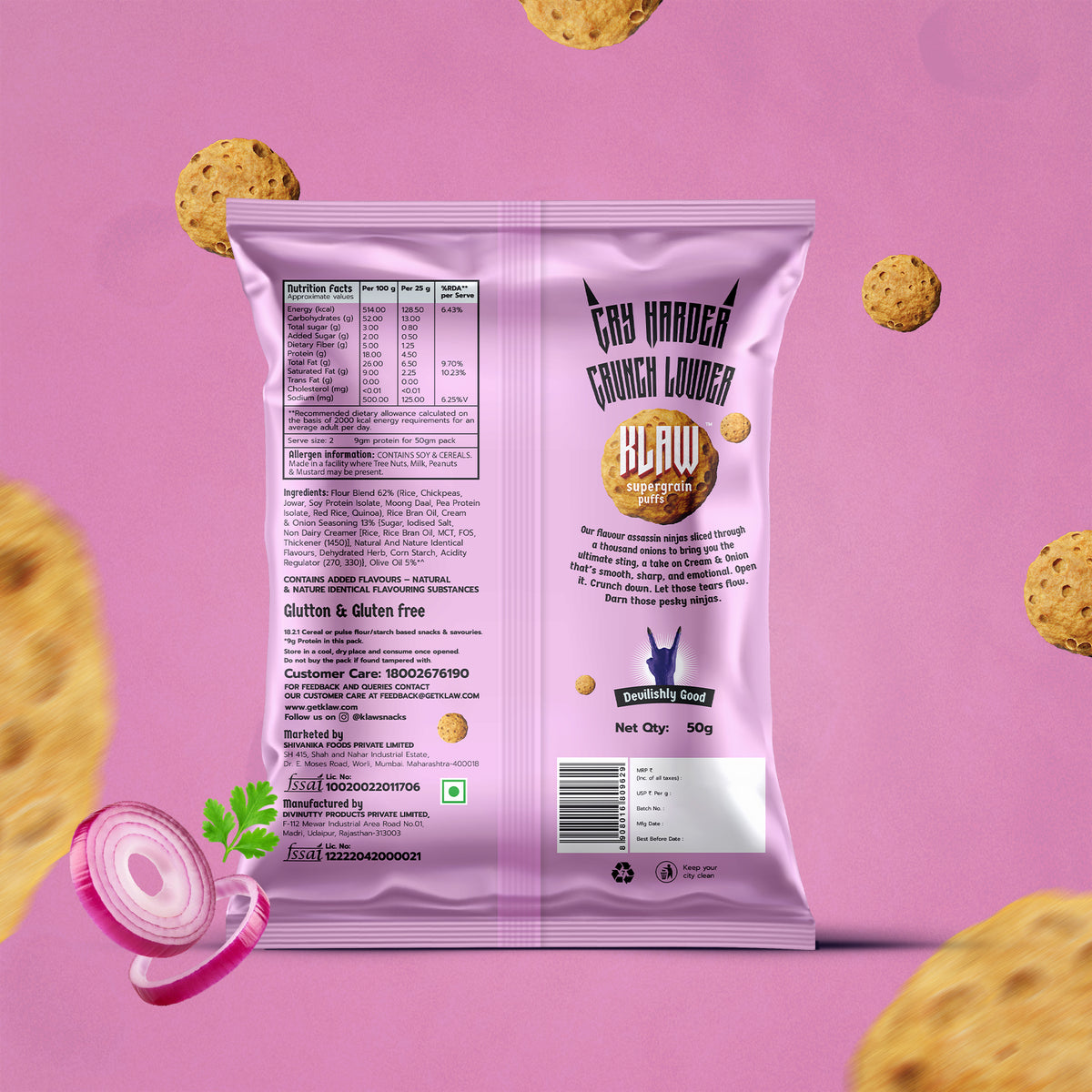 Klaw Scream & Onion Supergrain Puffs | Baked Not Fried | High Protein | Made with Olive Oil I 50g