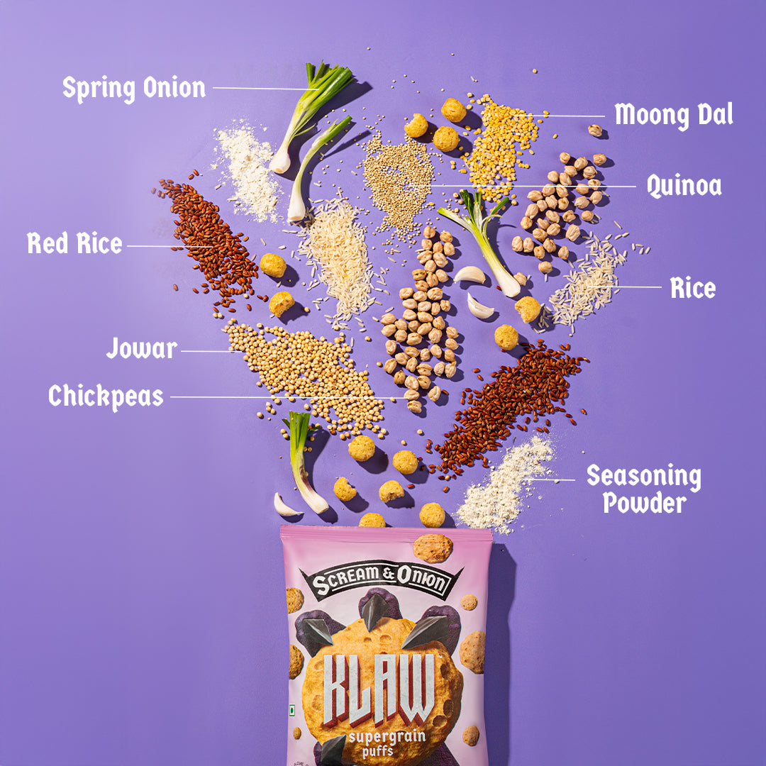 Klaw Scream & Onion Supergrain Puffs | Baked Not Fried | High Protein | Made with Olive Oil I 50g