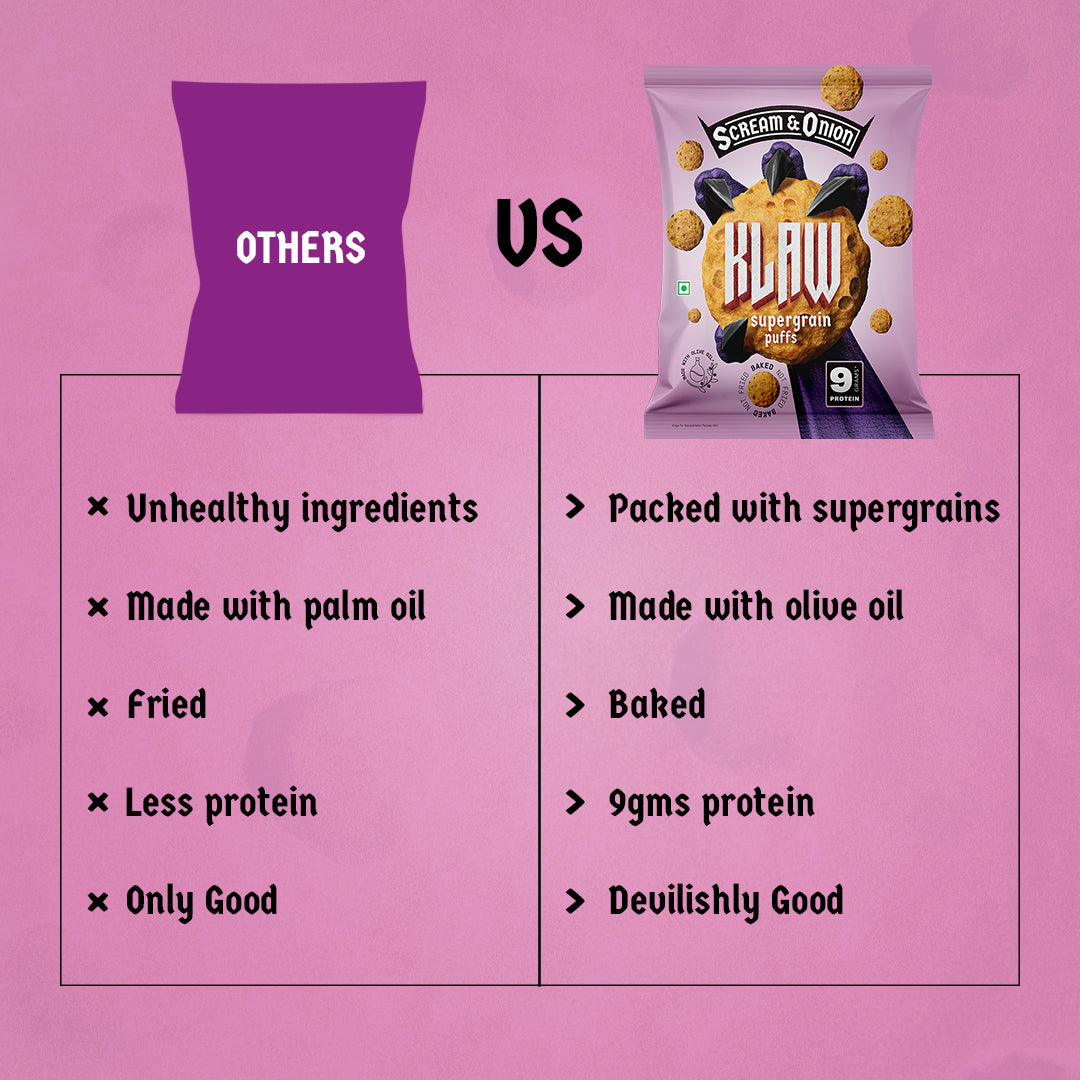 Klaw Scream & Onion Supergrain Puffs | Baked Not Fried | High Protein | Made with Olive Oil I 50g