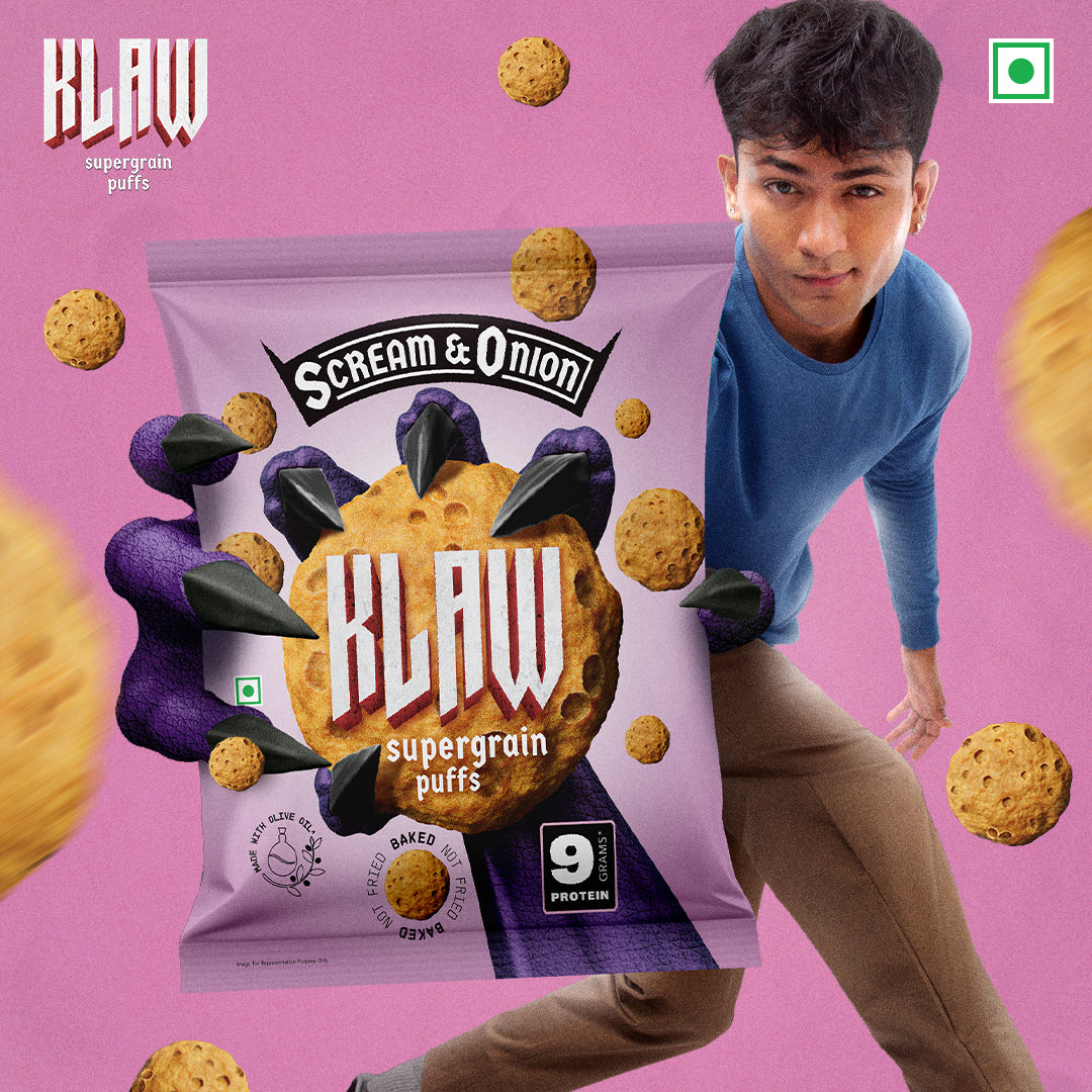 Klaw Scream & Onion Supergrain Puffs | Baked Not Fried | High Protein | Made with Olive Oil I 50g
