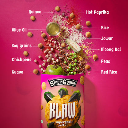 Klaw Spicy Guava Supergrain Puffs | Baked Not Fried | High Protein | Made with Olive Oil I 32g