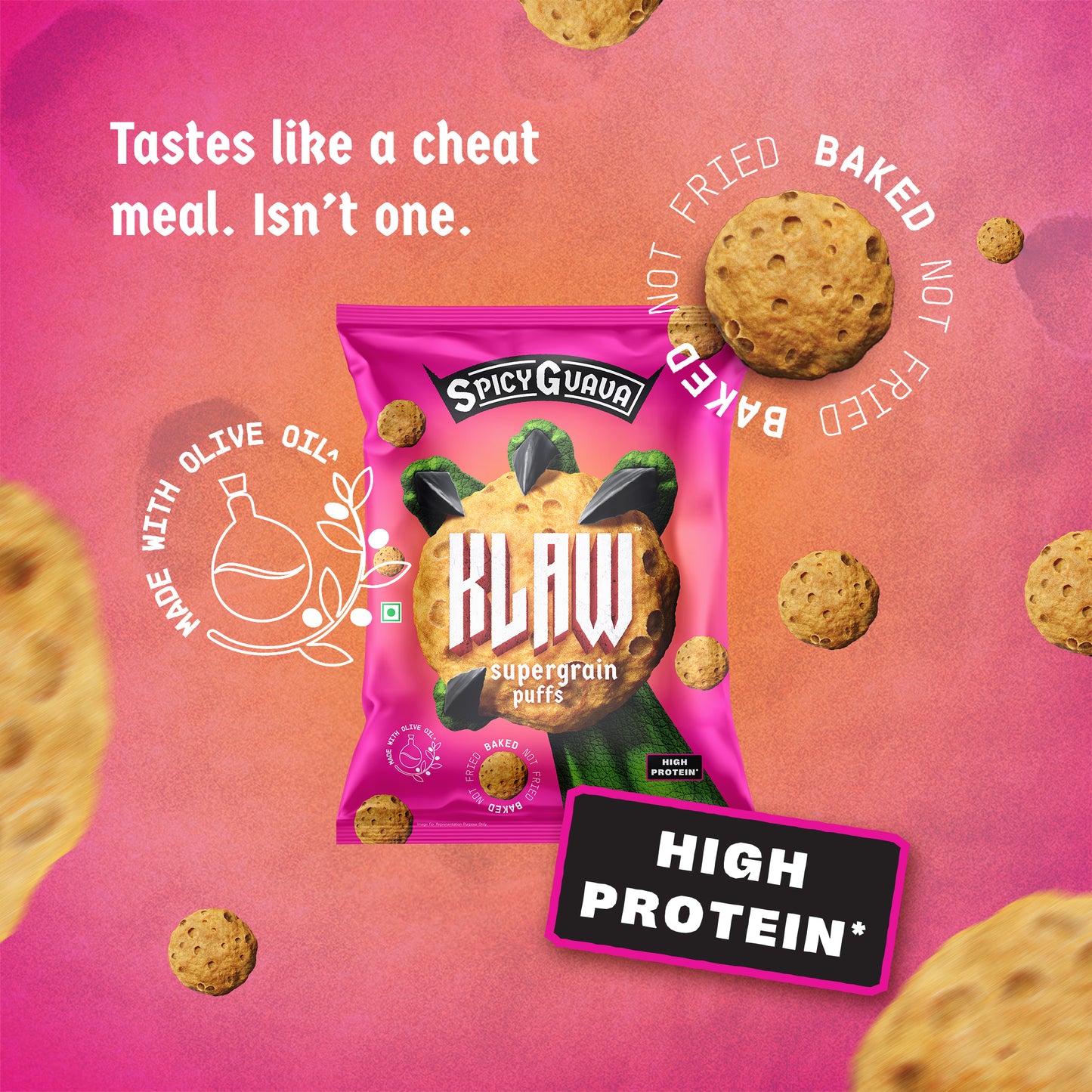 Klaw Spicy Guava Supergrain Puffs | Baked Not Fried | High Protein | Made with Olive Oil I 32g