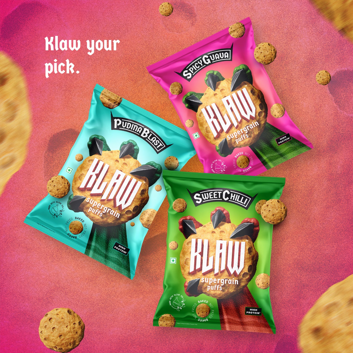Klaw Spicy Guava Supergrain Puffs | Baked Not Fried | High Protein | Made with Olive Oil I 32g