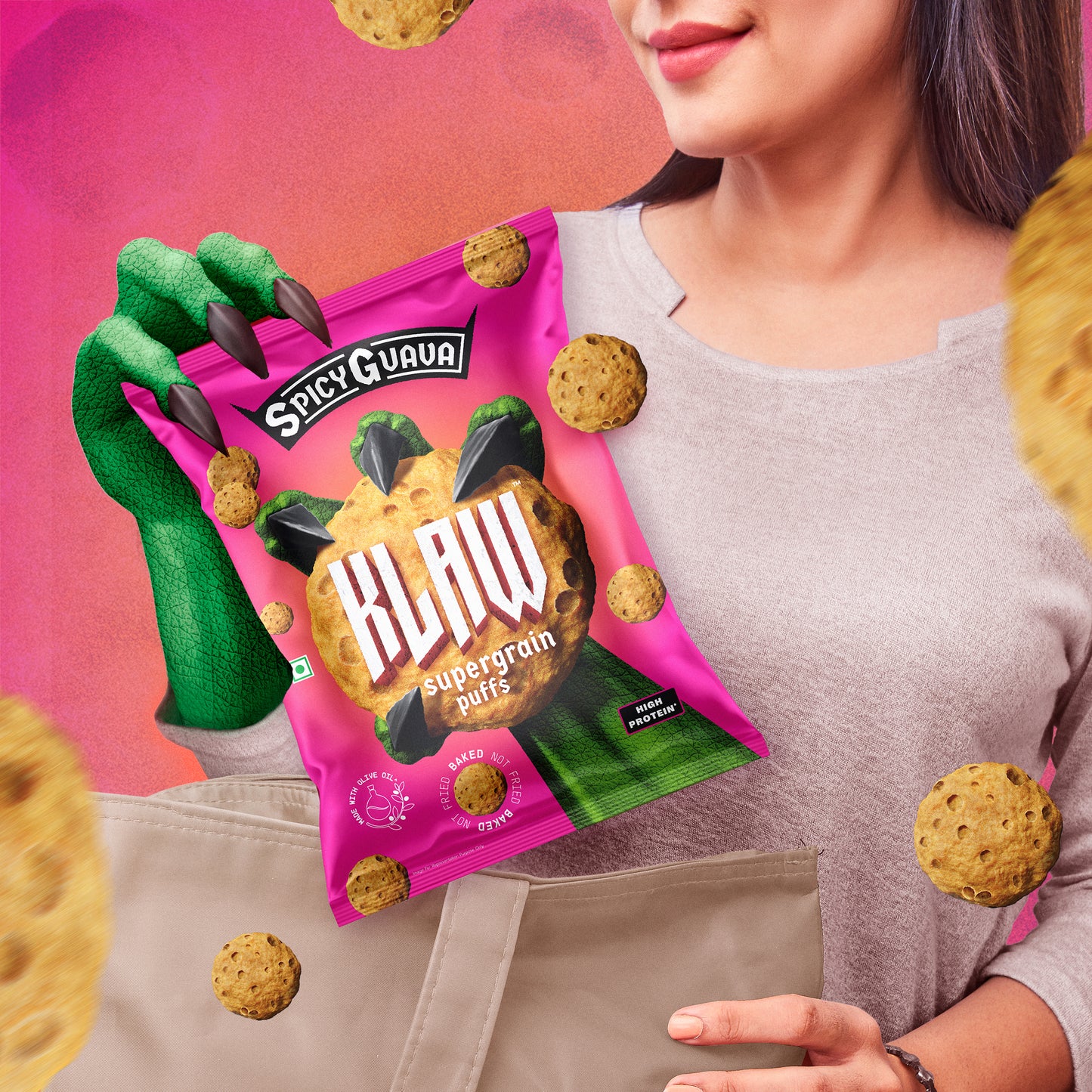 Klaw Spicy Guava Supergrain Puffs | Baked Not Fried | High Protein | Made with Olive Oil I 32g
