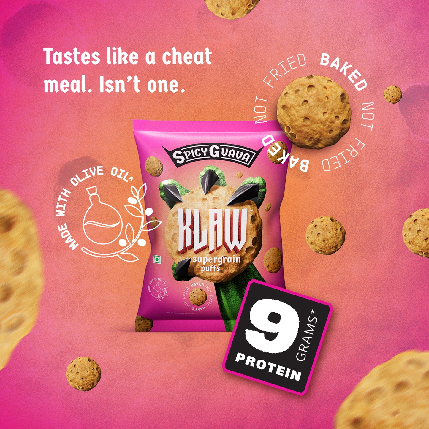 Klaw Spicy Guava Supergrain Puffs | Baked Not Fried | High Protein | Made with Olive Oil I 50g