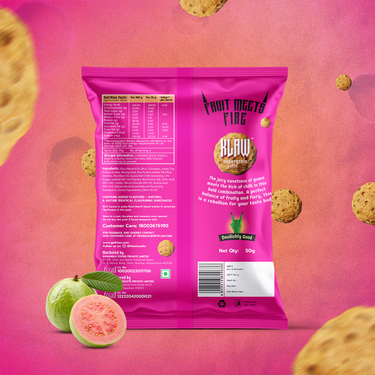 Klaw Spicy Guava Supergrain Puffs | Baked Not Fried | High Protein | Made with Olive Oil I 50g