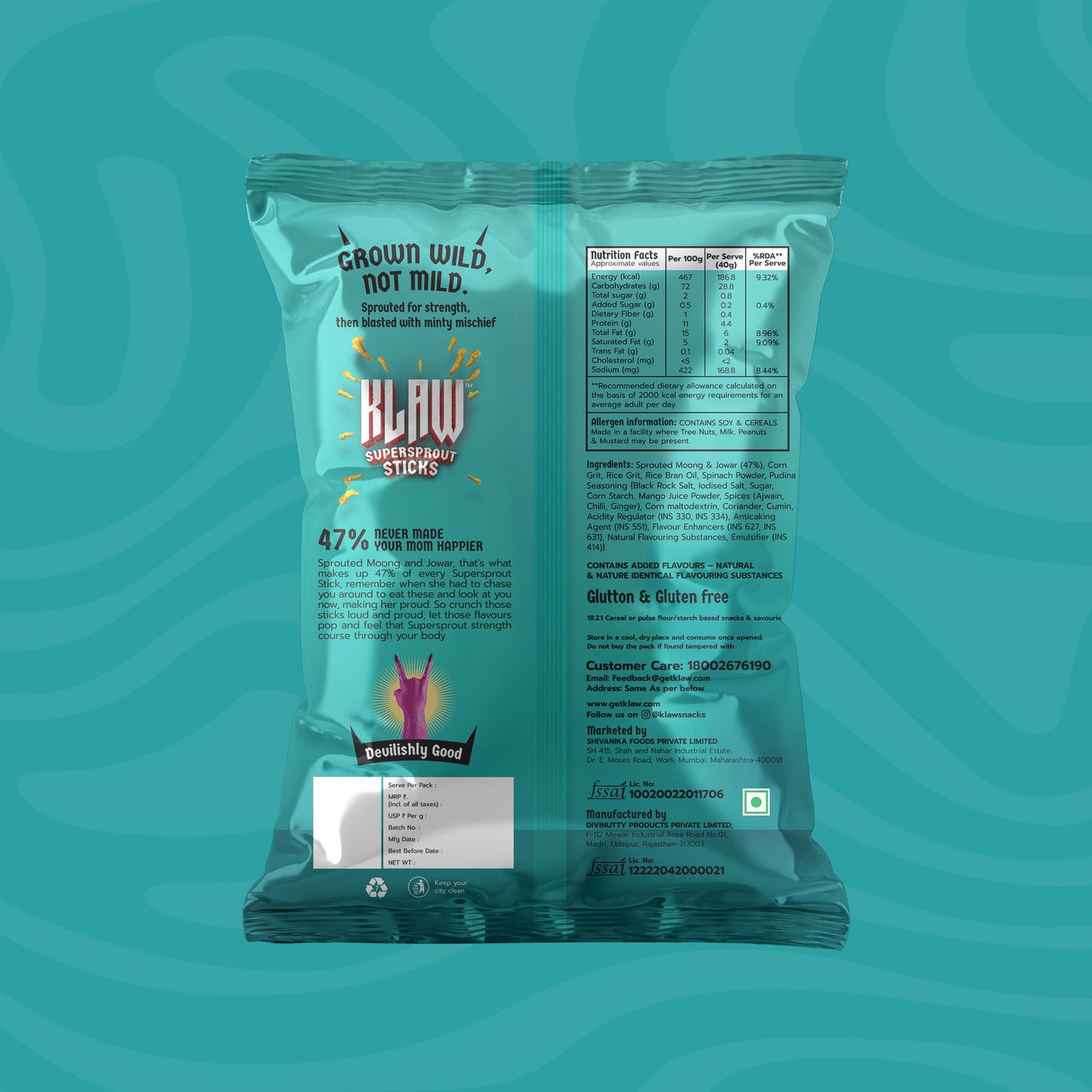 Klaw Pudina Punch | Sprouted Moong & Jowar Sticks | Baked | No Palm Oil | High Protein | 40g