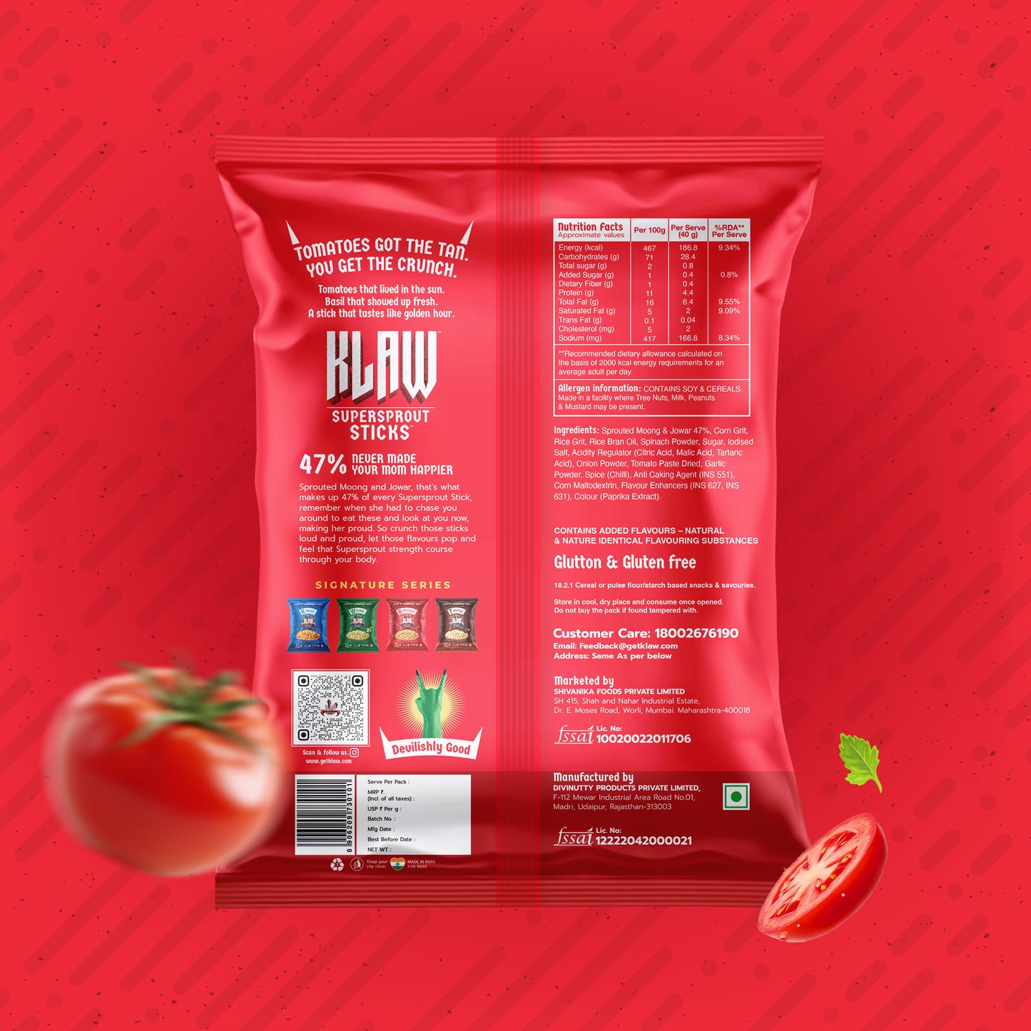Klaw Sun-Dried Tomato & Basil Supersprout Sticks | Baked Not Fried | High Protein | 47% Sprouted Moong & Jowar